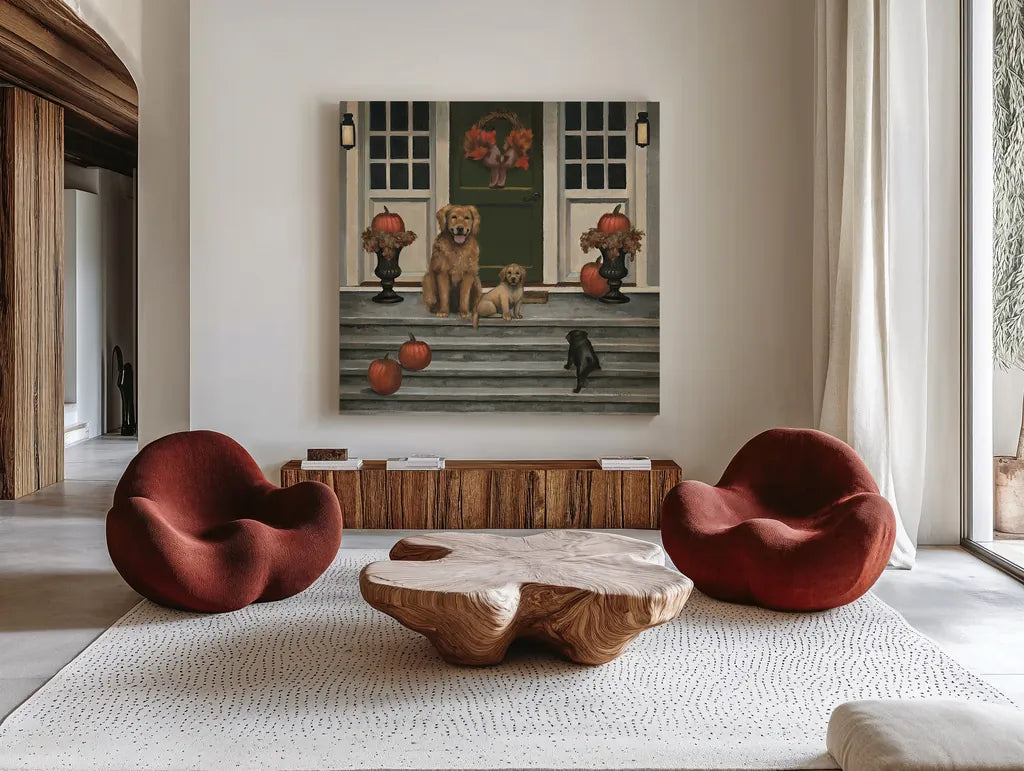 Home Welcoming by James Wiens. Shown as extra-large giant wall art in a modern living room. Available as an archival giclee rolled canvas, fine art paper, or poster print. SKU 19504a.