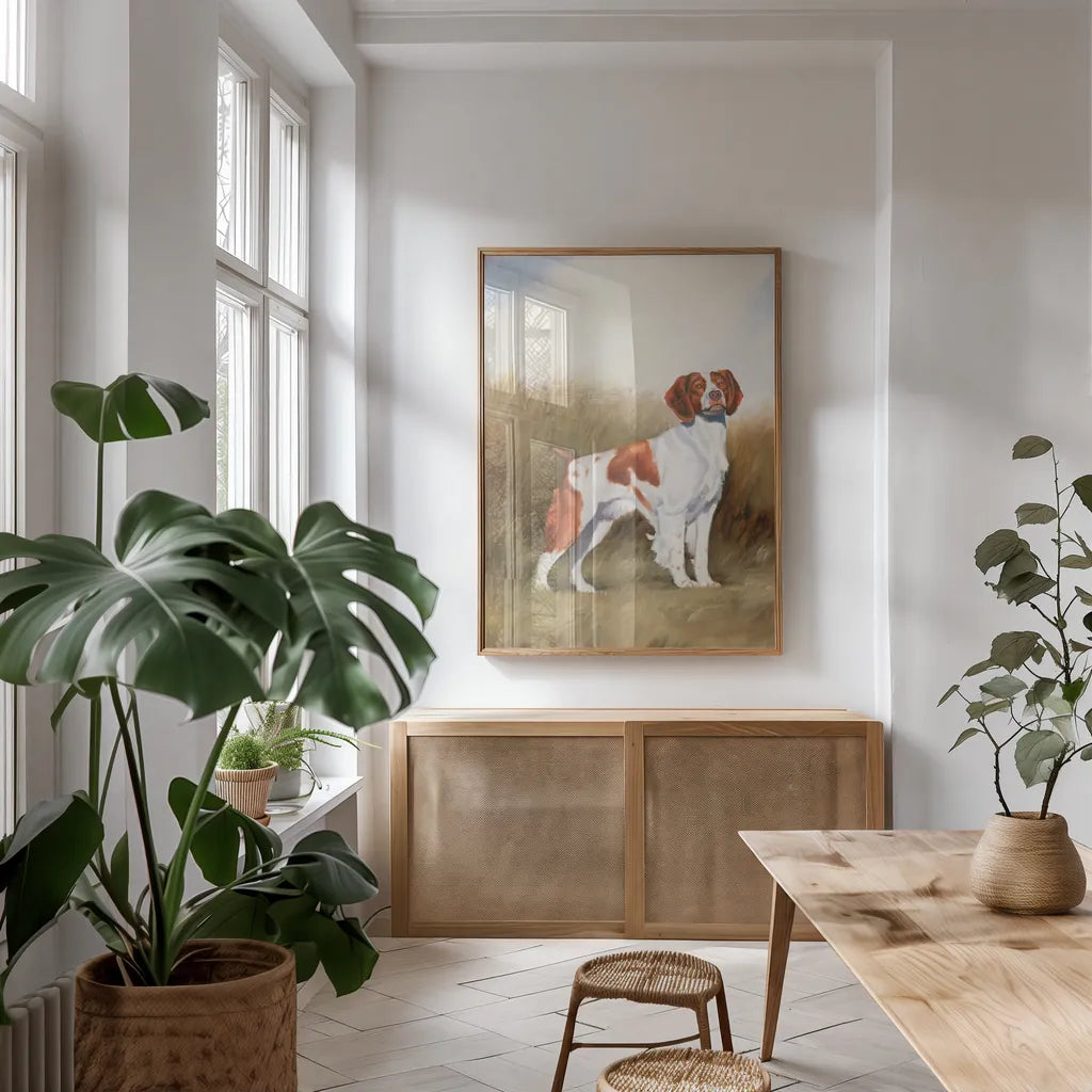 Hunting Dog I by James Wiens. shown as a print in a natural wood frame in a dining room. Available as a archival giclee rolled canvas, fine art paper, or poster print. SKU 76114h.