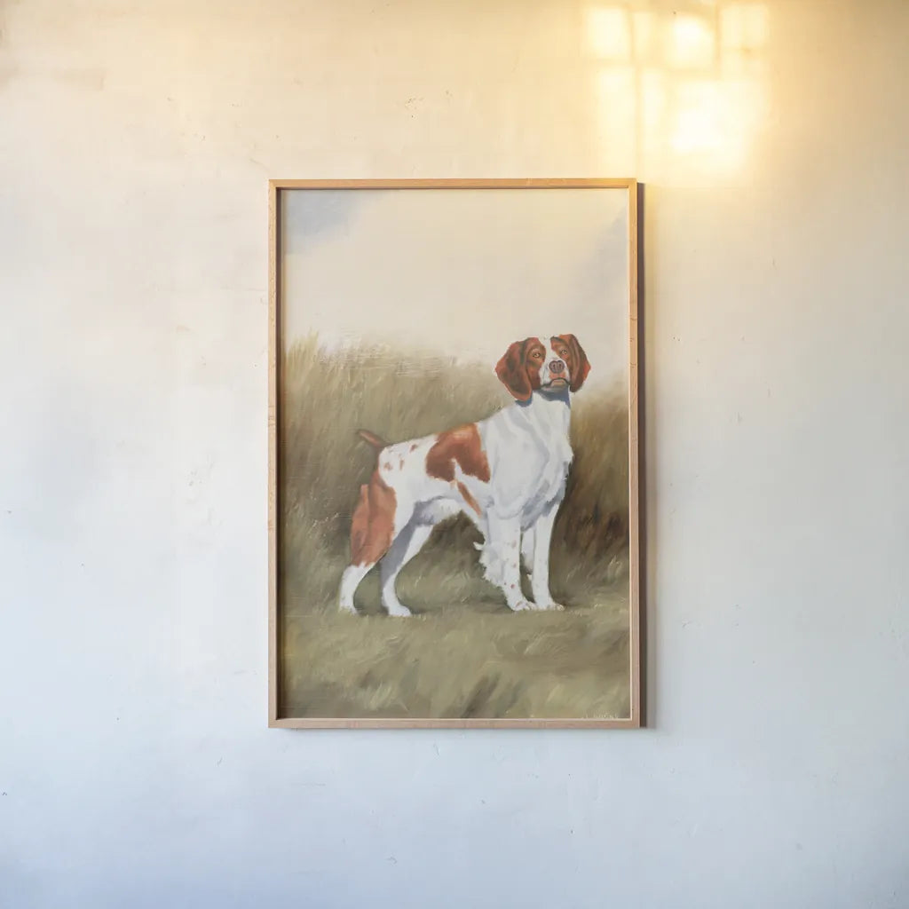 Hunting Dog I by James Wiens. shown as a paper print in a natural frame. Available as a archival giclee rolled canvas, fine art paper, or poster print. SKU 76114h.