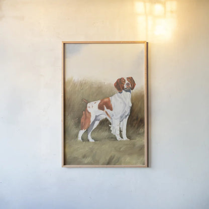 Hunting Dog I by James Wiens. shown as a paper print in a natural frame. Available as a archival giclee rolled canvas, fine art paper, or poster print. SKU 76114h.