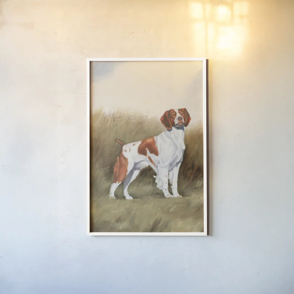Hunting Dog I by James Wiens. shown as a paper print in a white frame. Available as a archival giclee rolled canvas, fine art paper, or poster print. SKU 76114h.