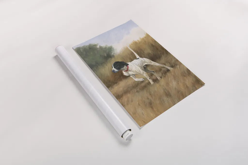 Hunting Dog II by James Wiens. shown as a rolled paper print. Available as archival giclee rolled canvas, fine art paper, or poster print. SKU 76115h.
