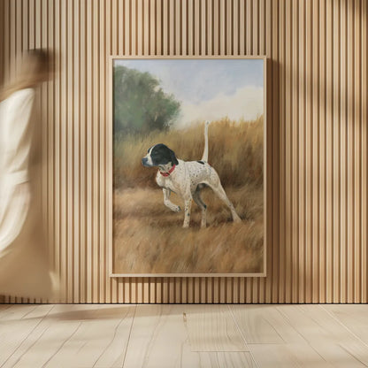 Hunting Dog II by James Wiens. shown as over sized large wall art. Available as an archival giclee rolled canvas, fine art paper, or poster print. SKU 76115h.