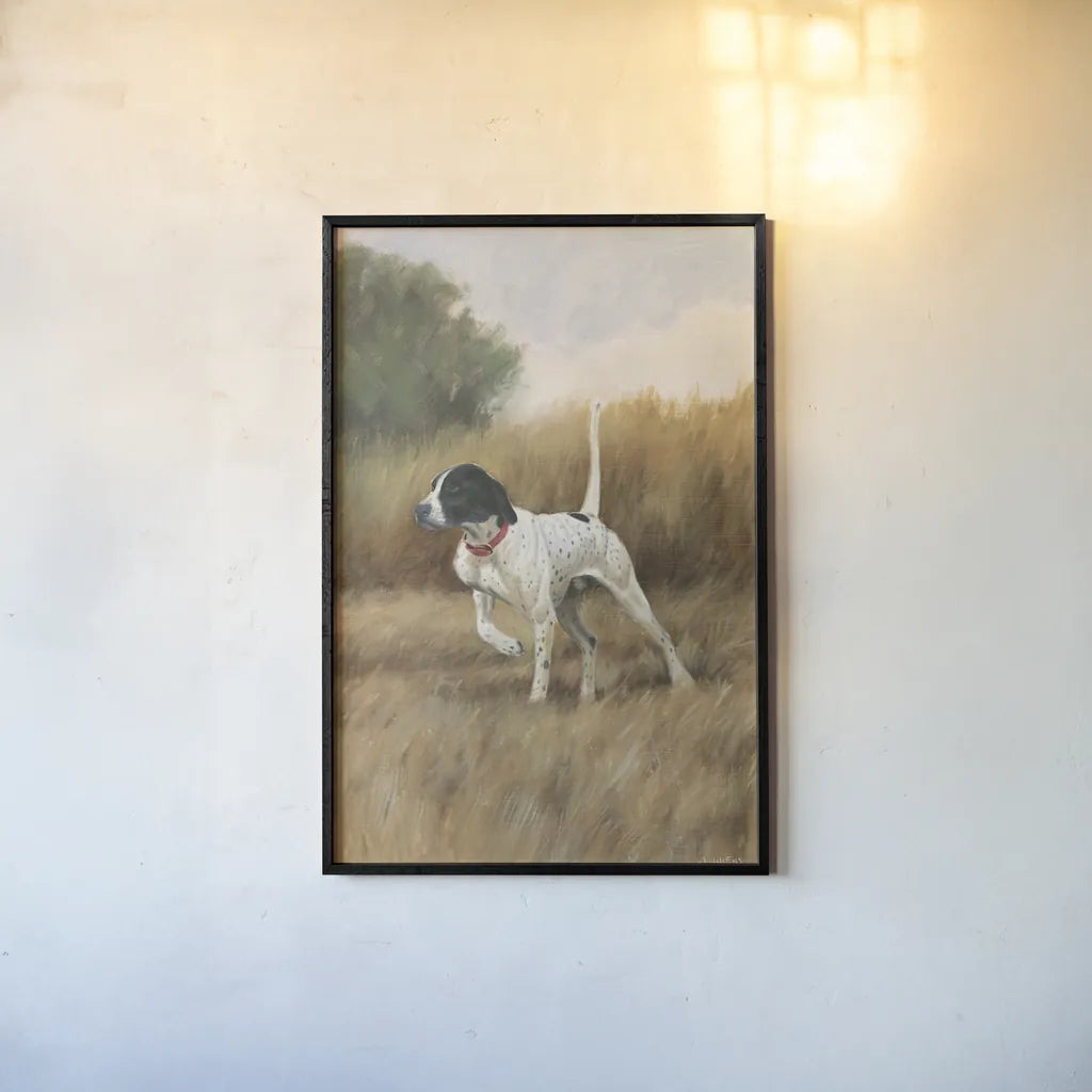 Hunting Dog II by James Wiens. shown as a paper print in a black flame. Available as a archival giclee rolled canvas, fine art paper, or poster print. SKU 76115h.