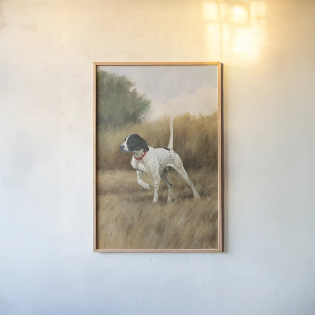 Hunting Dog II by James Wiens. shown as a paper print in a natural frame. Available as a archival giclee rolled canvas, fine art paper, or poster print. SKU 76115h.