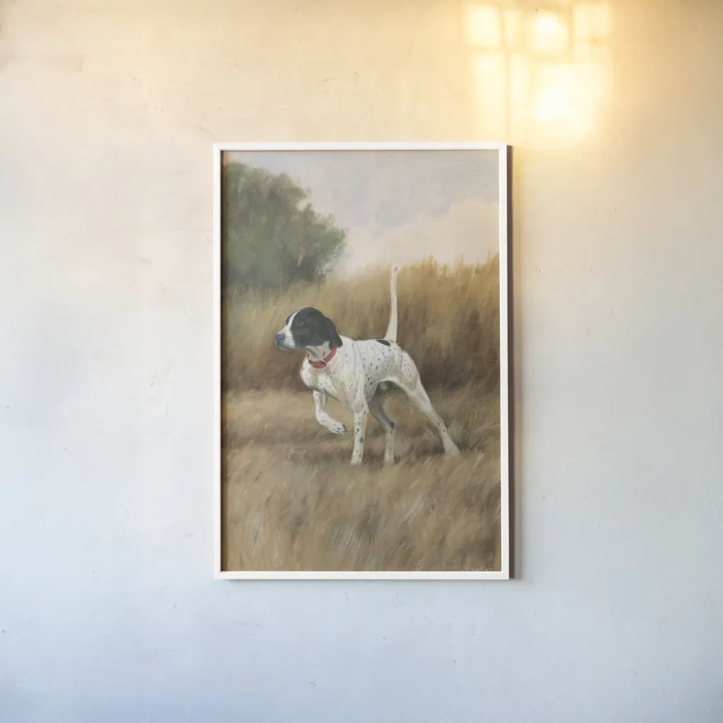 Hunting Dog II by James Wiens. shown as a paper print in a white frame. Available as a archival giclee rolled canvas, fine art paper, or poster print. SKU 76115h.