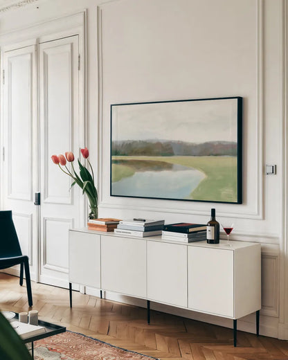 Interior Lake II by James Wiens. shown as a framed stretched canvas in a living room above a console. Available as a archival giclee rolled canvas, fine art paper, or poster print. SKU 73425i.