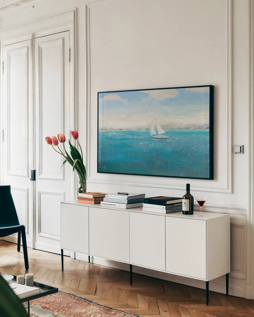 Into the Blue by James Wiens. shown as a framed stretched canvas in a living room above a console. Available as a archival giclee rolled canvas, fine art paper, or poster print. SKU 75175i.