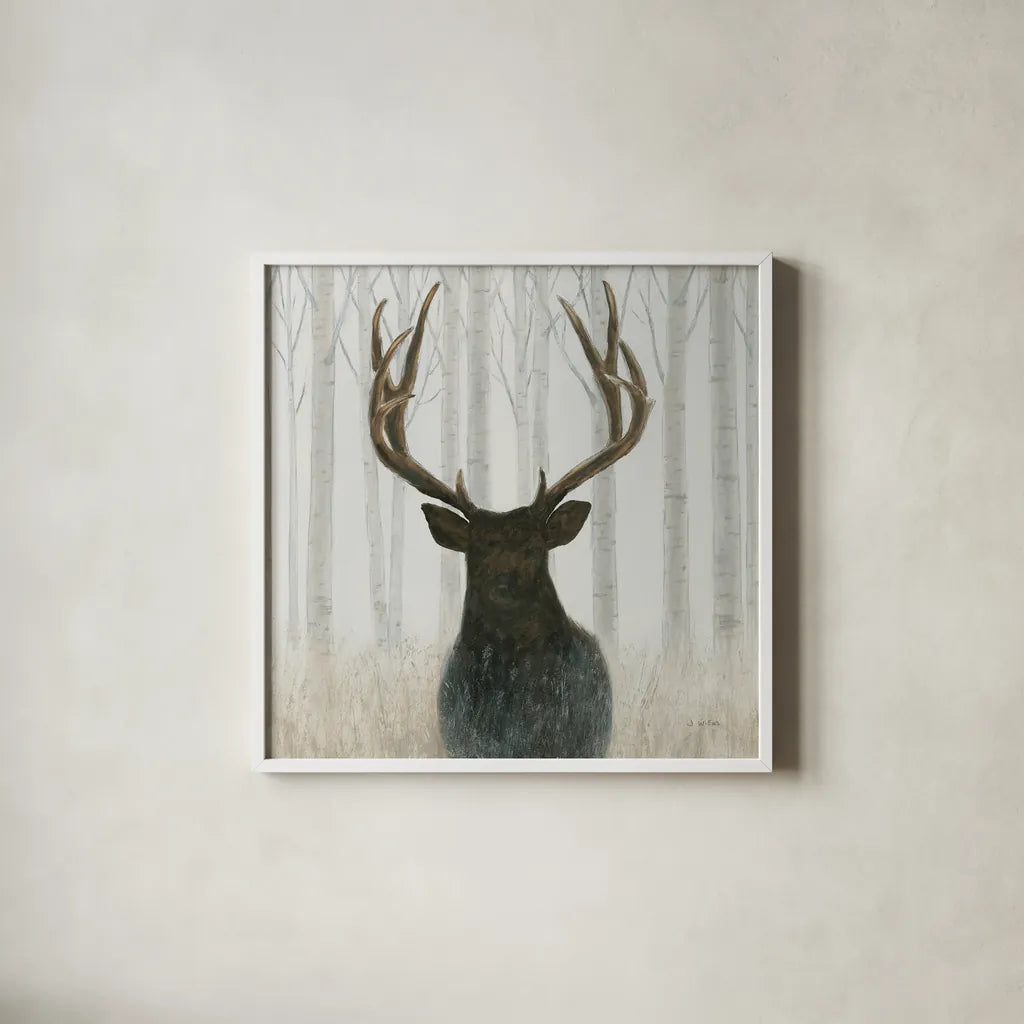 Into the Forest Crop by James Wiens. Shown in a crisp white glass frame for a clean and minimalist style. Available as an archival giclee rolled canvas, fine art paper, or poster print. SKU 22187a.