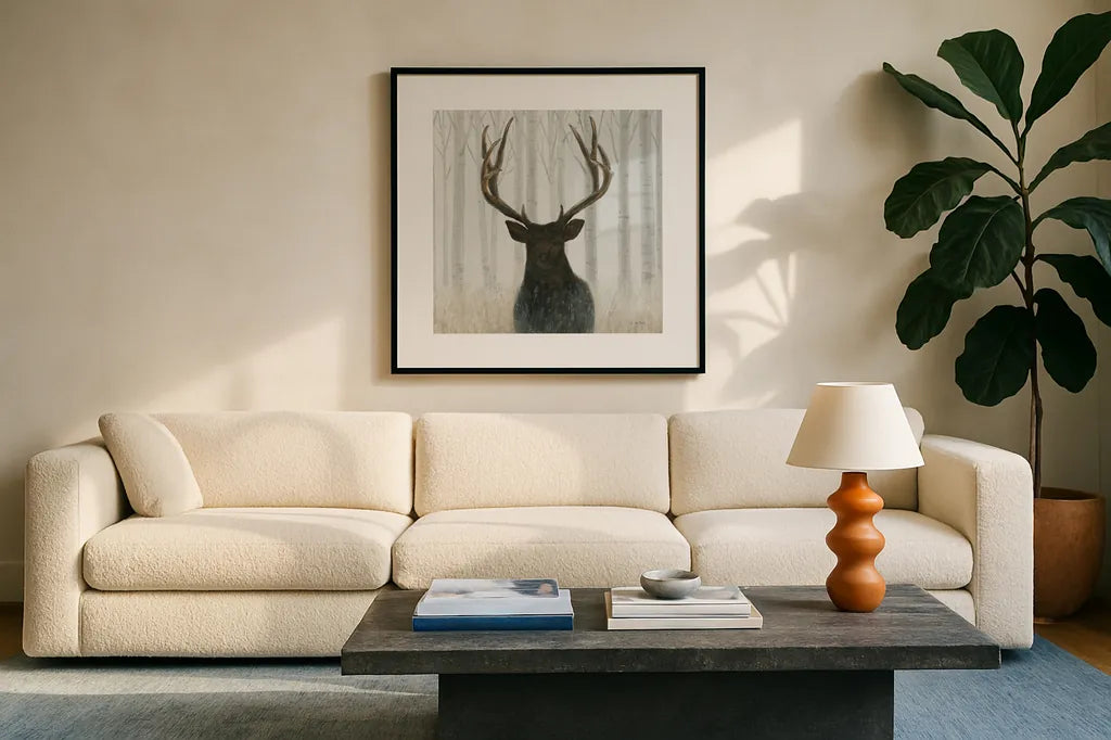 Into the Forest Crop by James Wiens. Displayed in a glass frame with matte in a clean modern living room. Available as an archival giclee rolled canvas, fine art paper, or poster print. SKU 22187a.