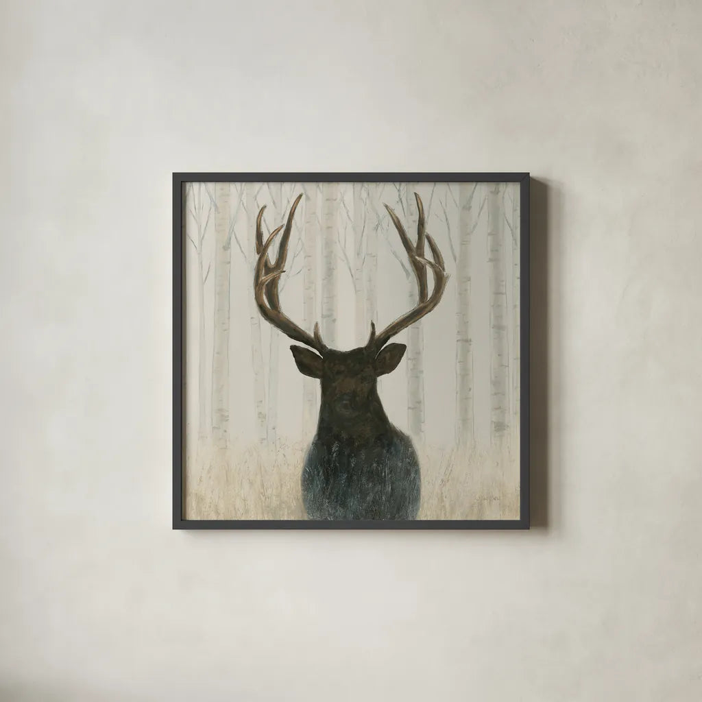 Into the Forest Warm Crop by James Wiens. Shown in a sleek black glass frame for a contemporary gallery look. Available as an archival giclee rolled canvas, fine art paper, or poster print. SKU 50174a.