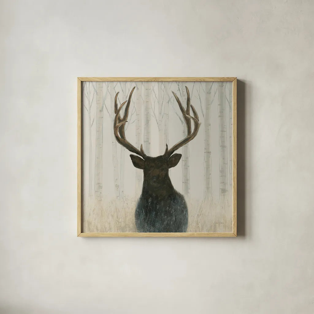 Into the Forest Warm Crop by James Wiens. Shown in a natural wood glass frame for a timeless modern aesthetic. Available as an archival giclee rolled canvas, fine art paper, or poster print. SKU 50174a.