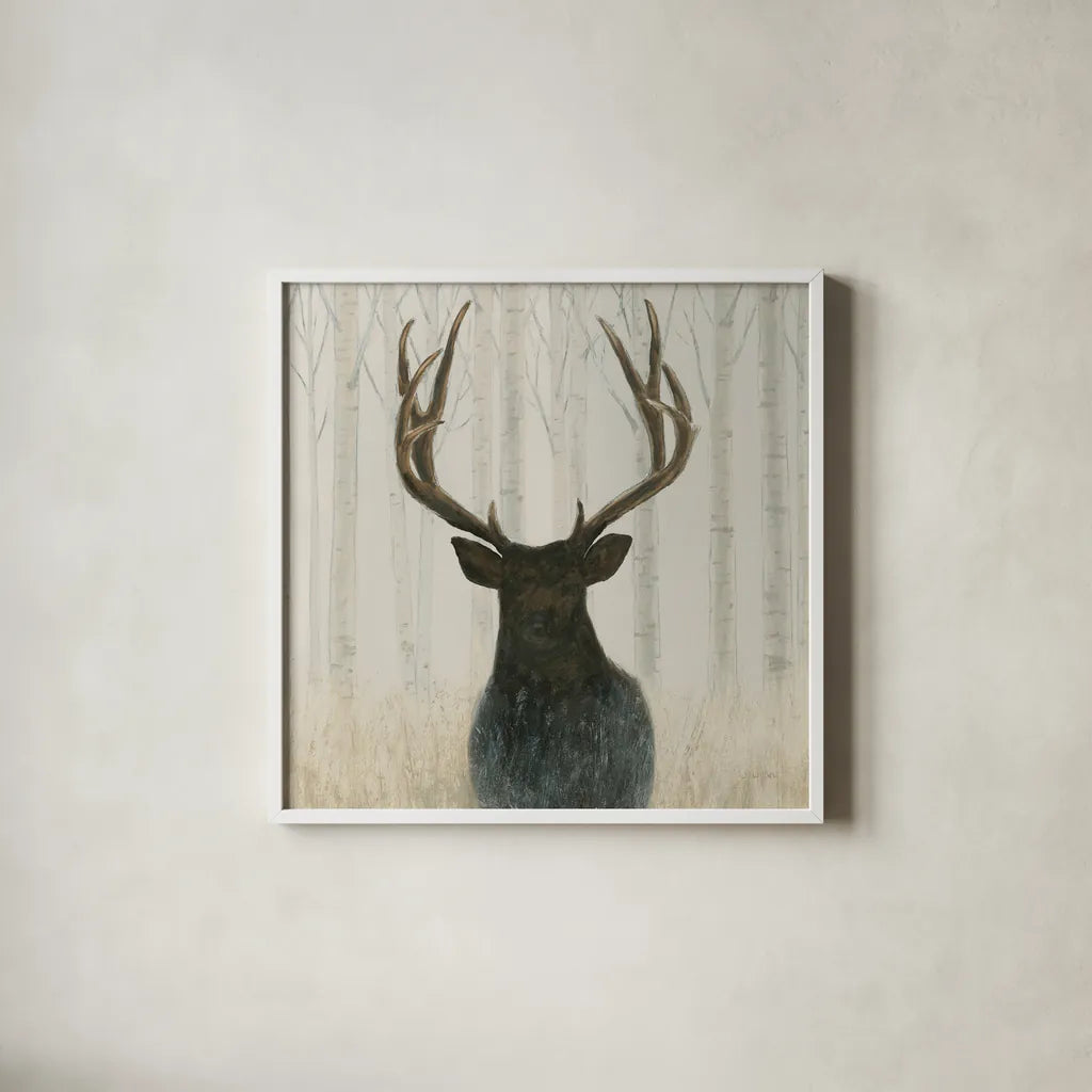 Into the Forest Warm Crop by James Wiens. Shown in a crisp white glass frame for a clean and minimalist style. Available as an archival giclee rolled canvas, fine art paper, or poster print. SKU 50174a.