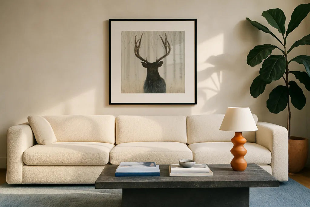 Into the Forest Warm Crop by James Wiens. Displayed in a glass frame with matte in a clean modern living room. Available as an archival giclee rolled canvas, fine art paper, or poster print. SKU 50174a.