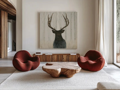 Into the Forest Warm Crop by James Wiens. Shown as extra-large giant wall art in a modern living room. Available as an archival giclee rolled canvas, fine art paper, or poster print. SKU 50174a.