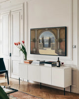 Italian Balcony by James Wiens. shown as a framed stretched canvas in a living room above a console. Available as a archival giclee rolled canvas, fine art paper, or poster print. SKU 10407i.