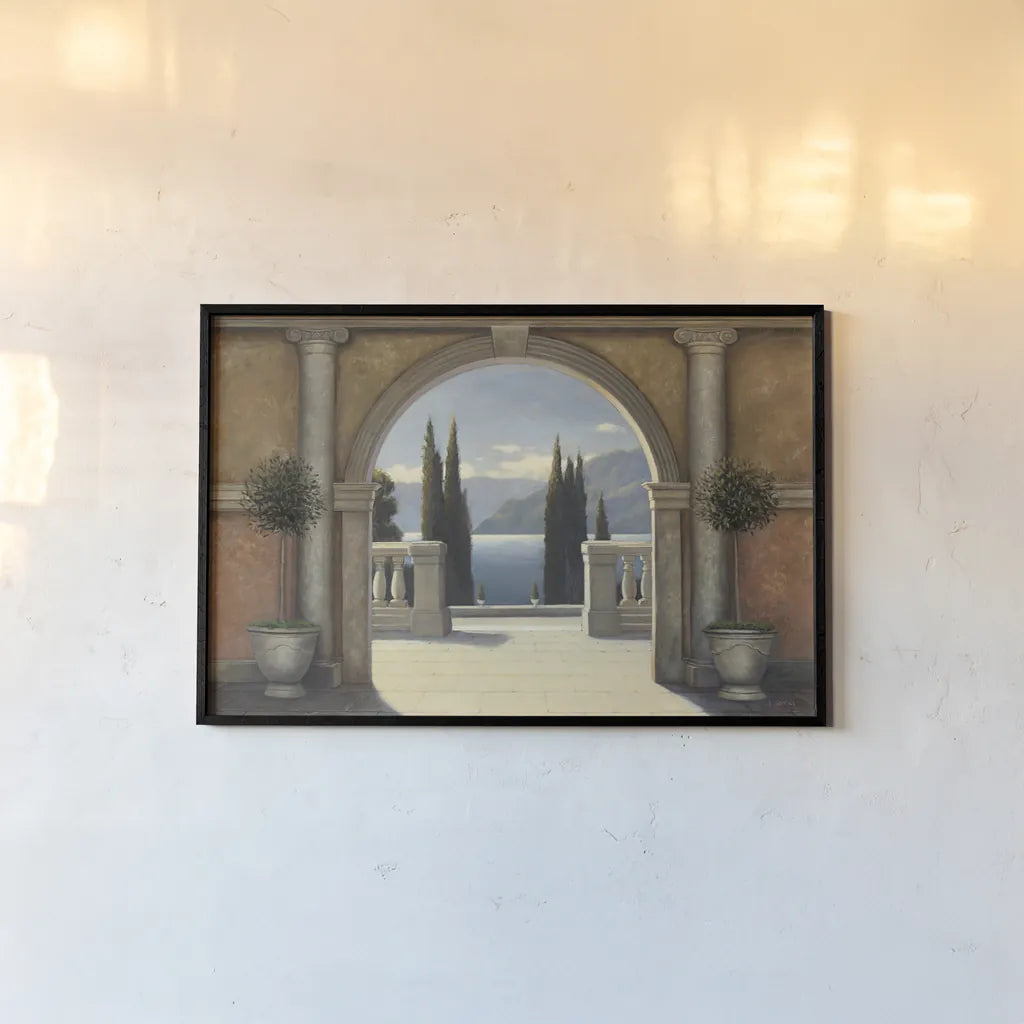 Italian Balcony by James Wiens. shown as a paper print in a black flame. Available as a archival giclee rolled canvas, fine art paper, or poster print. SKU 10407i.