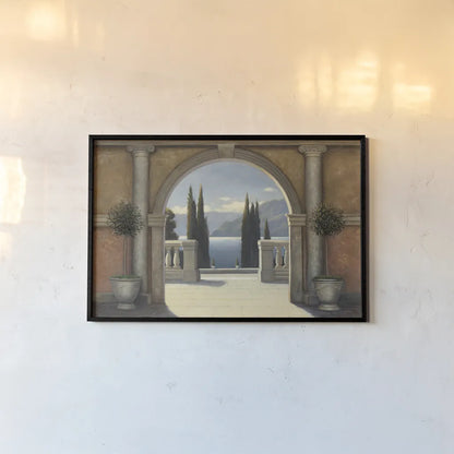 Italian Balcony by James Wiens. shown as a paper print in a black flame. Available as a archival giclee rolled canvas, fine art paper, or poster print. SKU 10407i.