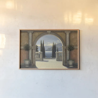 Italian Balcony by James Wiens. shown as a paper print in a natural frame. Available as a archival giclee rolled canvas, fine art paper, or poster print. SKU 10407i.