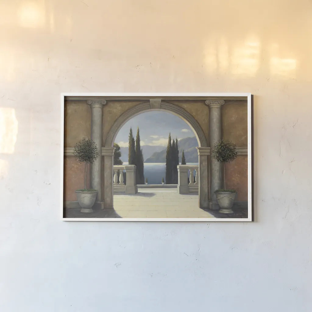 Italian Balcony by James Wiens. shown as a paper print in a white frame. Available as a archival giclee rolled canvas, fine art paper, or poster print. SKU 10407i.