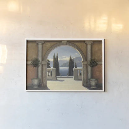 Italian Balcony by James Wiens. shown as a paper print in a white frame. Available as a archival giclee rolled canvas, fine art paper, or poster print. SKU 10407i.