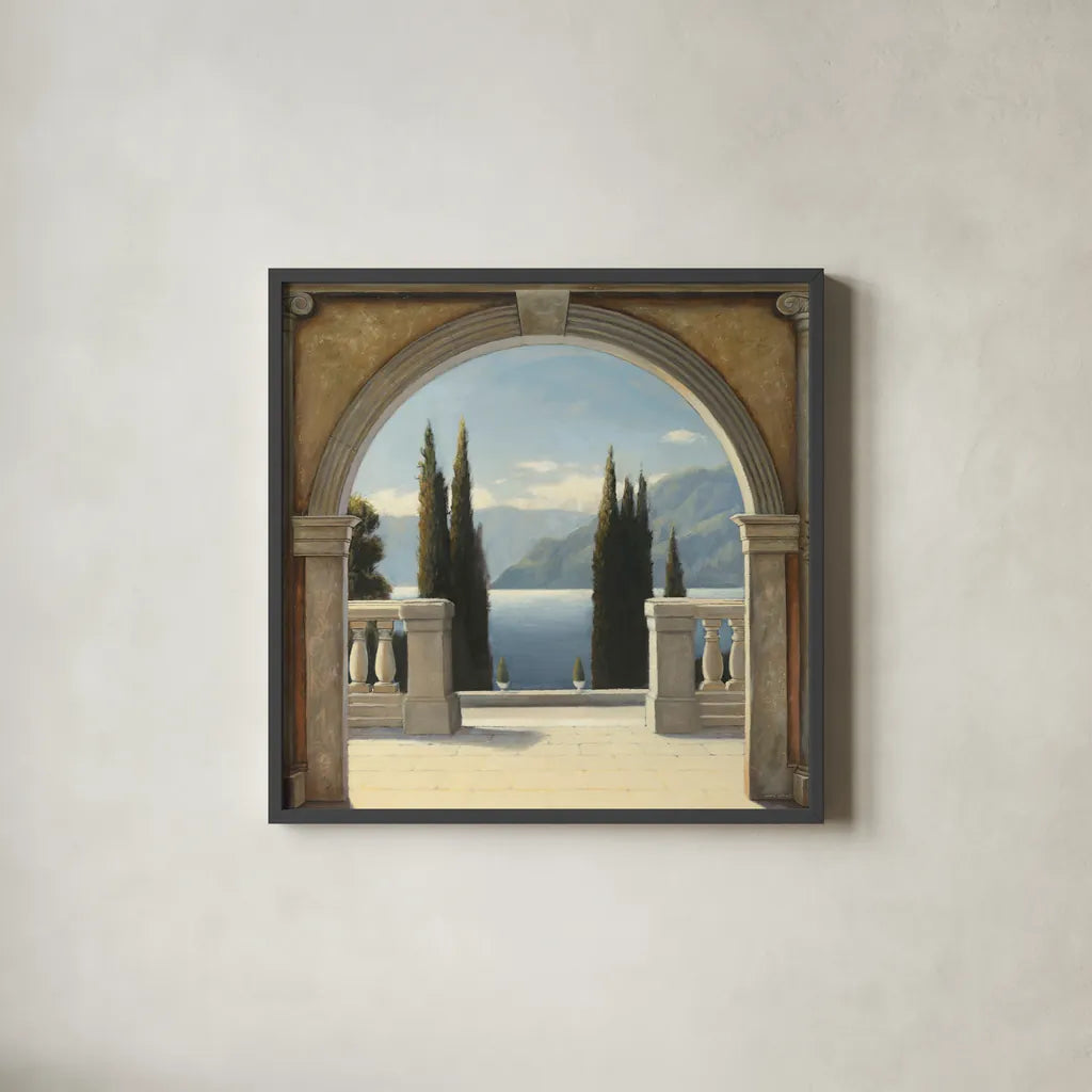 Italian Balcony Crop by James Wiens. Shown in a sleek black glass frame for a contemporary gallery look. Available as an archival giclee rolled canvas, fine art paper, or poster print. SKU 10407a.
