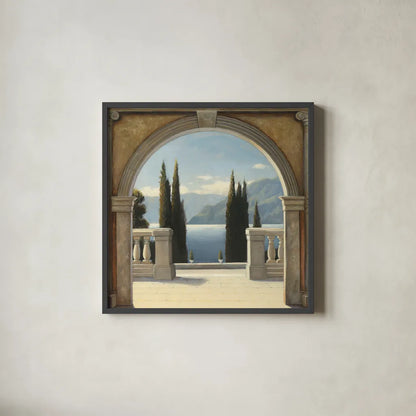 Italian Balcony Crop by James Wiens. Shown in a sleek black glass frame for a contemporary gallery look. Available as an archival giclee rolled canvas, fine art paper, or poster print. SKU 10407a.