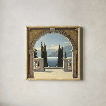 Italian Balcony Crop by James Wiens. Shown in a natural wood glass frame for a timeless modern aesthetic. Available as an archival giclee rolled canvas, fine art paper, or poster print. SKU 10407a.
