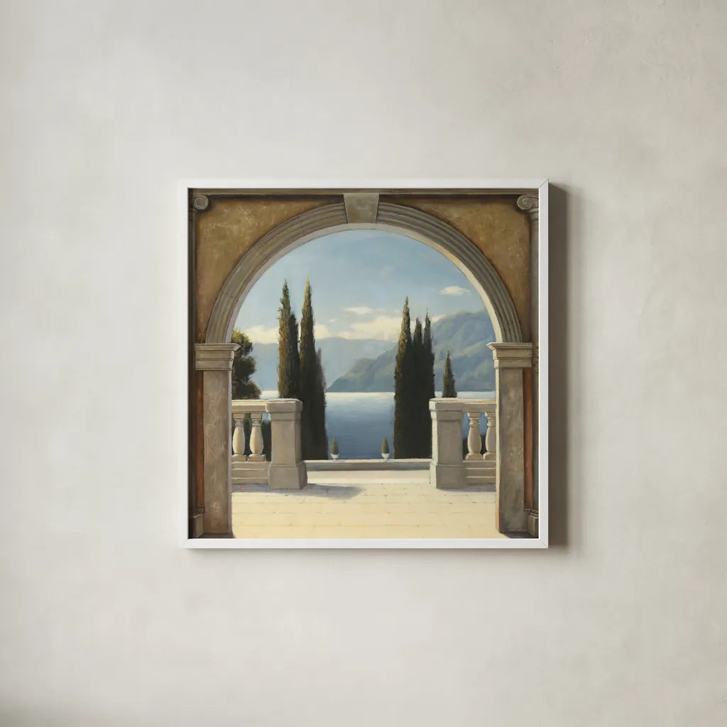 Italian Balcony Crop by James Wiens. Shown in a crisp white glass frame for a clean and minimalist style. Available as an archival giclee rolled canvas, fine art paper, or poster print. SKU 10407a.