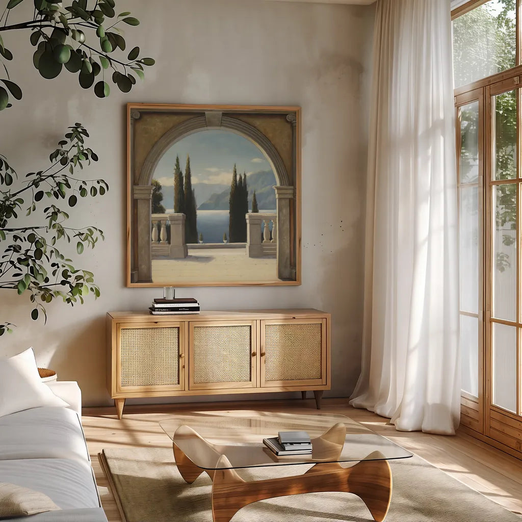 Italian Balcony Crop by James Wiens. Shown in a natural wood frame in a cozy modern living room. Available as an archival giclee rolled canvas, fine art paper, or poster print. SKU 10407a.