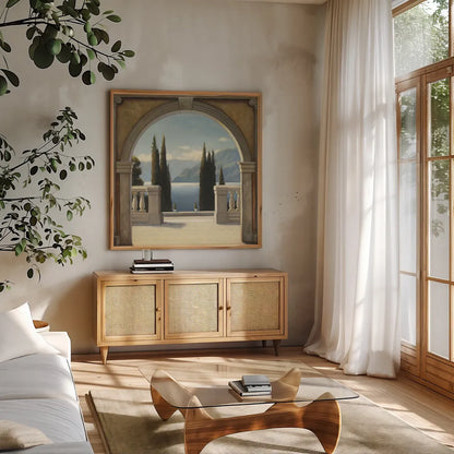 Italian Balcony Crop by James Wiens. Shown in a natural wood frame in a cozy modern living room. Available as an archival giclee rolled canvas, fine art paper, or poster print. SKU 10407a.