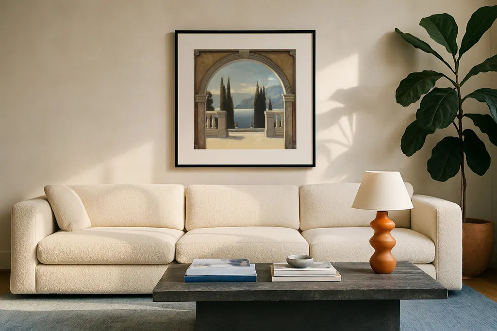 Italian Balcony Crop by James Wiens. Displayed in a glass frame with matte in a clean modern living room. Available as an archival giclee rolled canvas, fine art paper, or poster print. SKU 10407a.