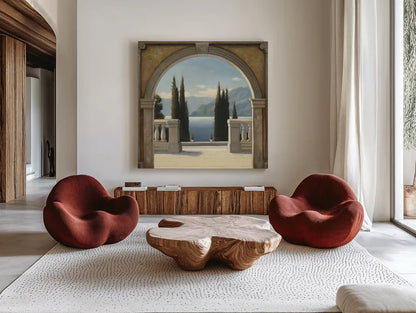 Italian Balcony Crop by James Wiens. Shown as extra-large giant wall art in a modern living room. Available as an archival giclee rolled canvas, fine art paper, or poster print. SKU 10407a.