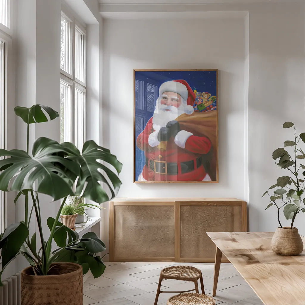 James Santa by James Wiens. shown as a print in a natural wood frame in a dining room. Available as a archival giclee rolled canvas, fine art paper, or poster print. SKU 65797h.