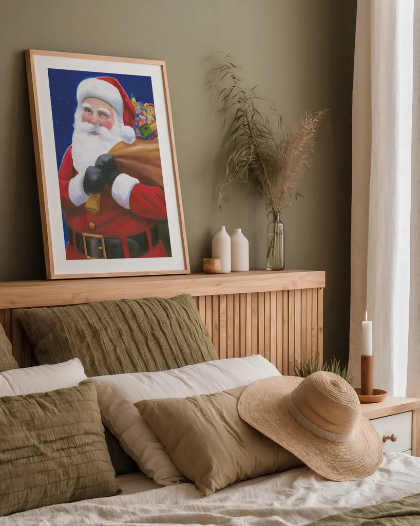 James Santa by James Wiens. shown as a paper print in a natural frame. Available as a archival giclee rolled canvas, fine art paper, or poster print. SKU 65797h.