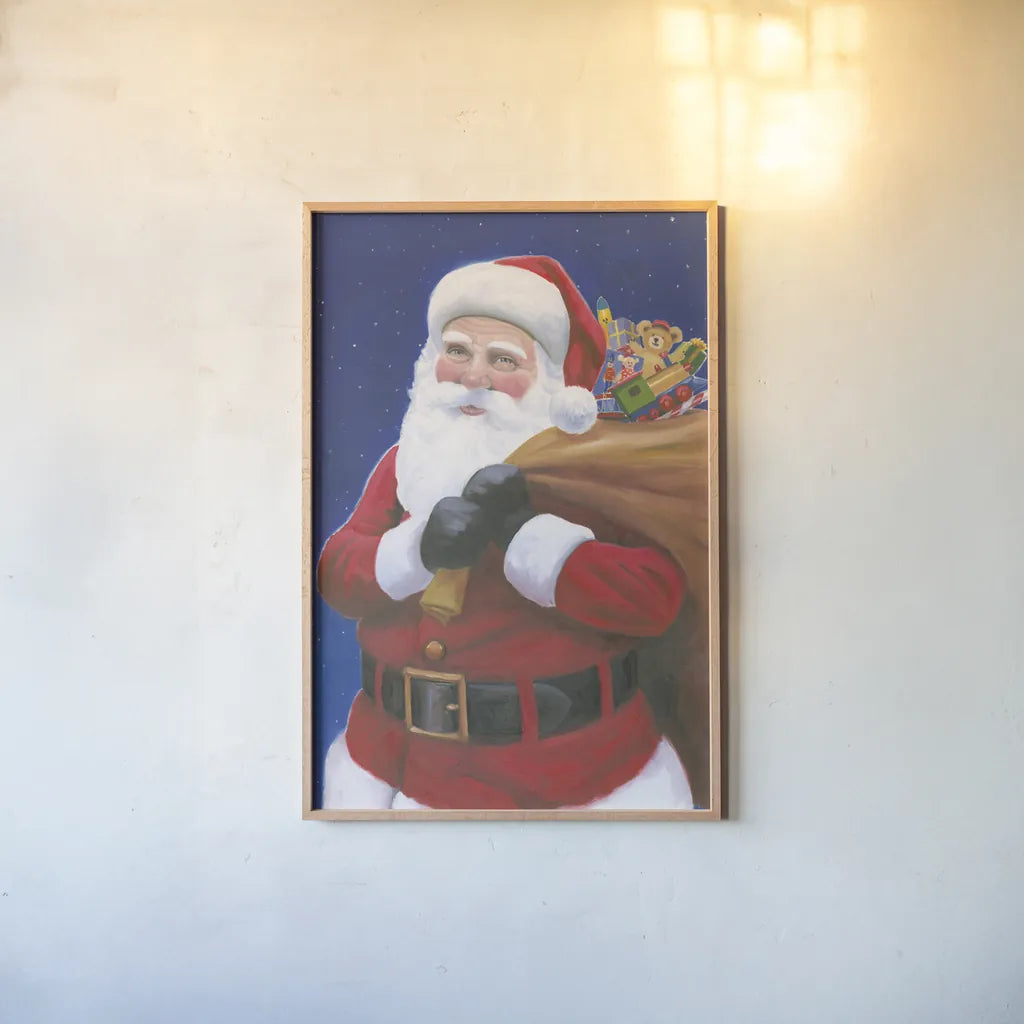 James Santa by James Wiens. shown as a paper print in a natural frame. Available as a archival giclee rolled canvas, fine art paper, or poster print. SKU 65797h.