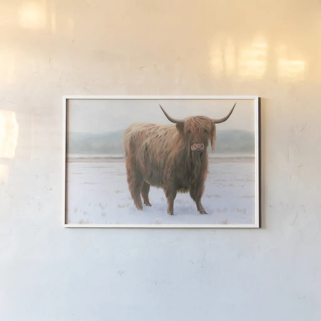 King of the Highland Fields by James Wiens. shown as a paper print in a white frame. Available as a archival giclee rolled canvas, fine art paper, or poster print. SKU 56445i.
