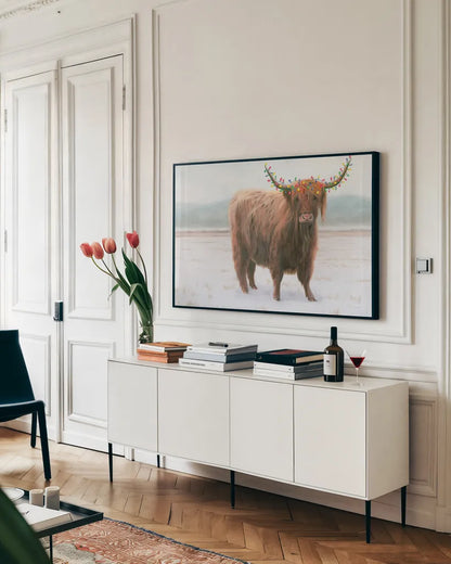 King of the Highland Fields Lights by James Wiens. shown as a framed stretched canvas in a living room above a console. Available as a archival giclee rolled canvas, fine art paper, or poster print. SKU 56446i.