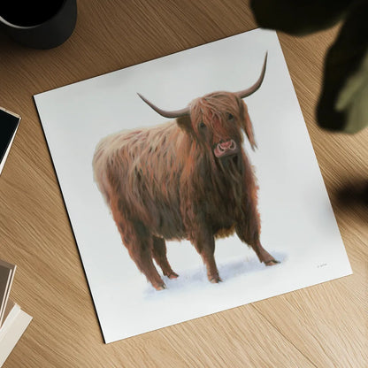 King of the Highland Fields on White by James Wiens. Shown as a detailed flat fine art print, highlighting archival giclee quality. Available as an archival giclee rolled canvas, fine art paper, or poster print. SKU 56467a.