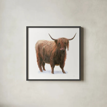 King of the Highland Fields on White by James Wiens. Shown in a sleek black glass frame for a contemporary gallery look. Available as an archival giclee rolled canvas, fine art paper, or poster print. SKU 56467a.