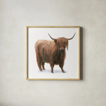 King of the Highland Fields on White by James Wiens. Shown in a natural wood glass frame for a timeless modern aesthetic. Available as an archival giclee rolled canvas, fine art paper, or poster print. SKU 56467a.