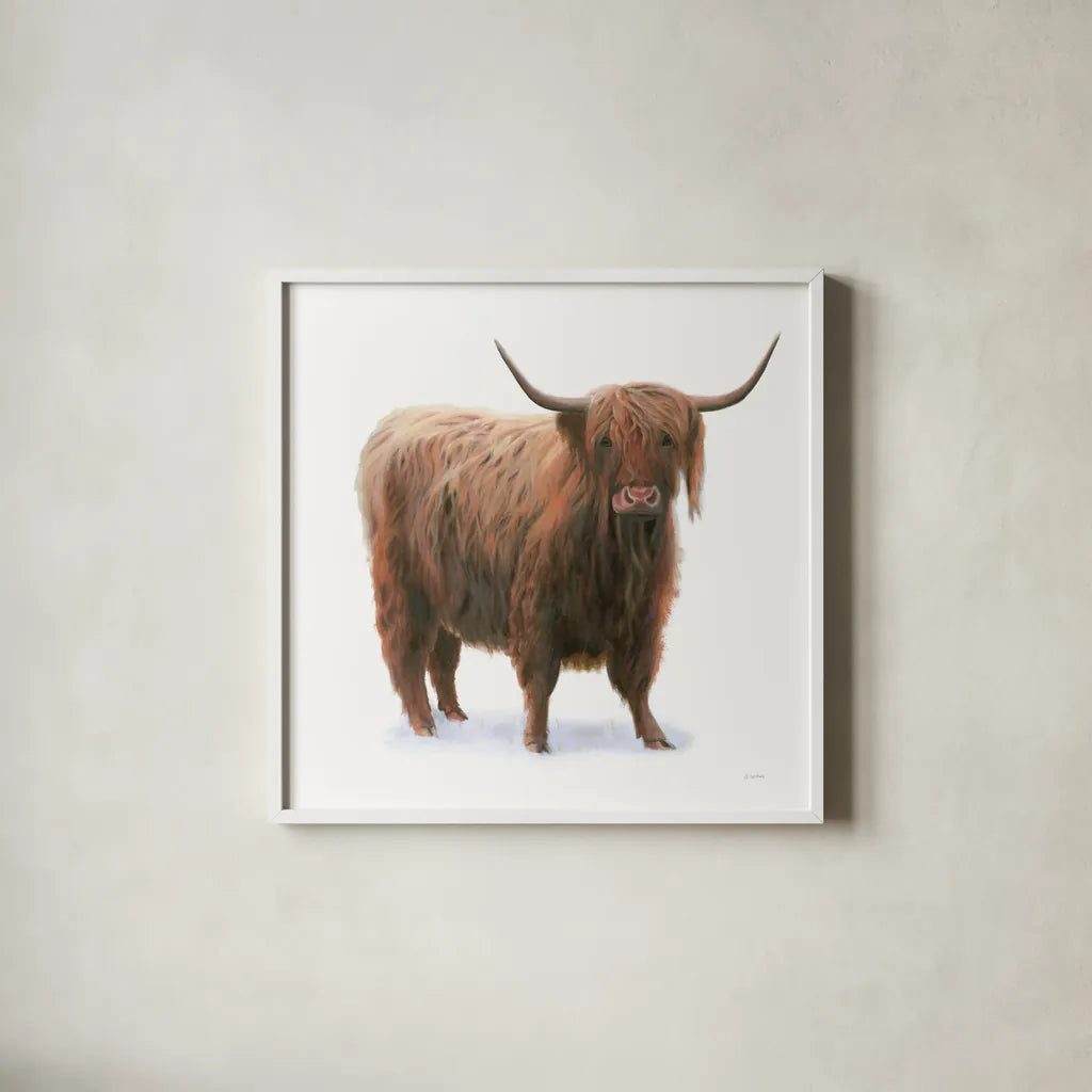 King of the Highland Fields on White by James Wiens. Shown in a crisp white glass frame for a clean and minimalist style. Available as an archival giclee rolled canvas, fine art paper, or poster print. SKU 56467a.