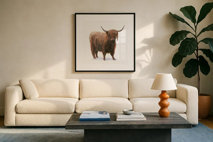 King of the Highland Fields on White by James Wiens. Displayed in a glass frame with matte in a clean modern living room. Available as an archival giclee rolled canvas, fine art paper, or poster print. SKU 56467a.