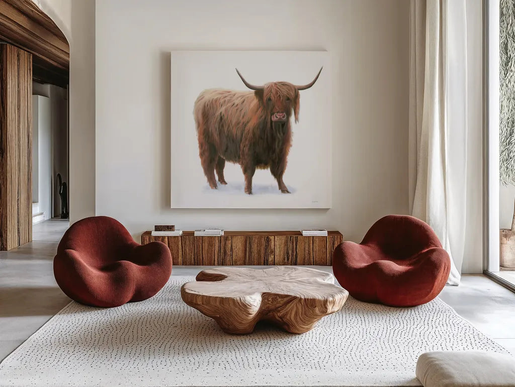 King of the Highland Fields on White by James Wiens. Shown as extra-large giant wall art in a modern living room. Available as an archival giclee rolled canvas, fine art paper, or poster print. SKU 56467a.
