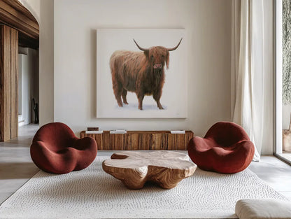 King of the Highland Fields on White by James Wiens. Shown as extra-large giant wall art in a modern living room. Available as an archival giclee rolled canvas, fine art paper, or poster print. SKU 56467a.