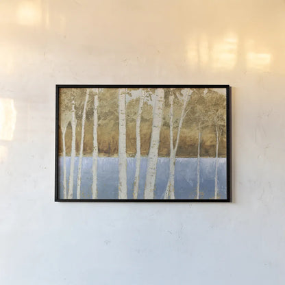 Lakeside Birches by James Wiens. shown as a paper print in a black flame. Available as a archival giclee rolled canvas, fine art paper, or poster print. SKU 60666i.