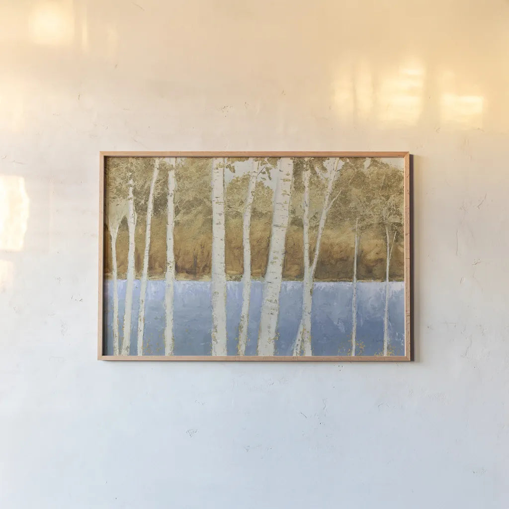Lakeside Birches by James Wiens. shown as a paper print in a natural frame. Available as a archival giclee rolled canvas, fine art paper, or poster print. SKU 60666i.