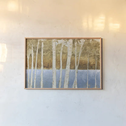 Lakeside Birches by James Wiens. shown as a paper print in a natural frame. Available as a archival giclee rolled canvas, fine art paper, or poster print. SKU 60666i.