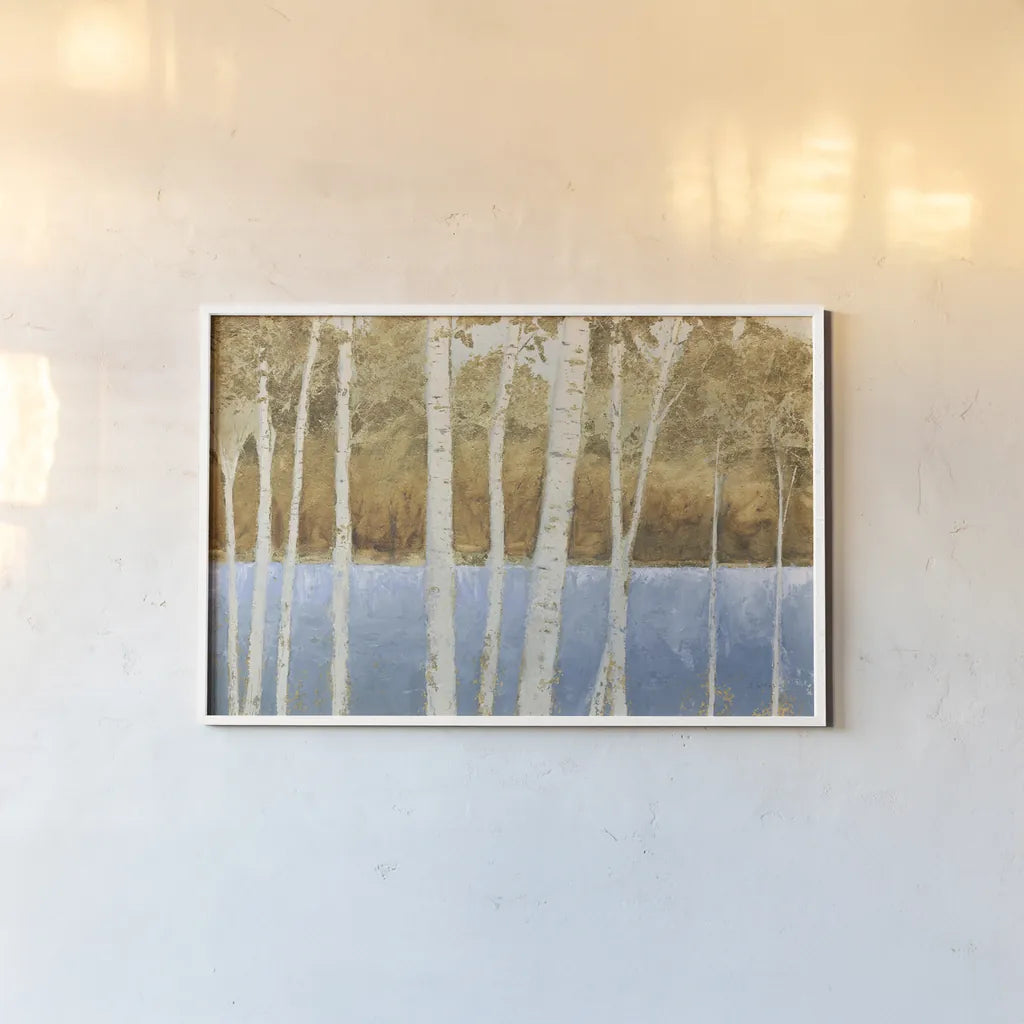 Lakeside Birches by James Wiens. shown as a paper print in a white frame. Available as a archival giclee rolled canvas, fine art paper, or poster print. SKU 60666i.