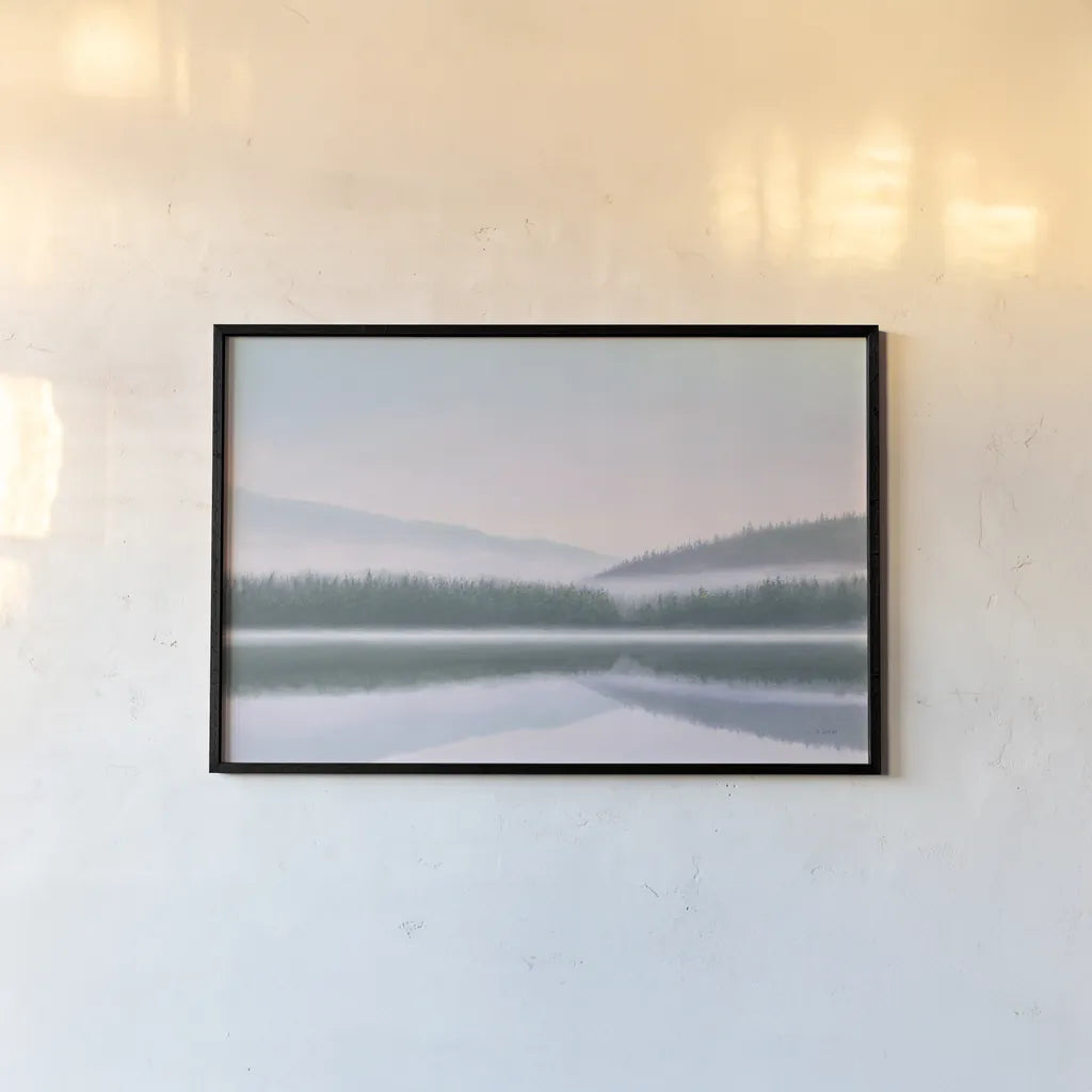 Lakeside Morning by James Wiens. shown as a paper print in a black flame. Available as a archival giclee rolled canvas, fine art paper, or poster print. SKU 57271i.